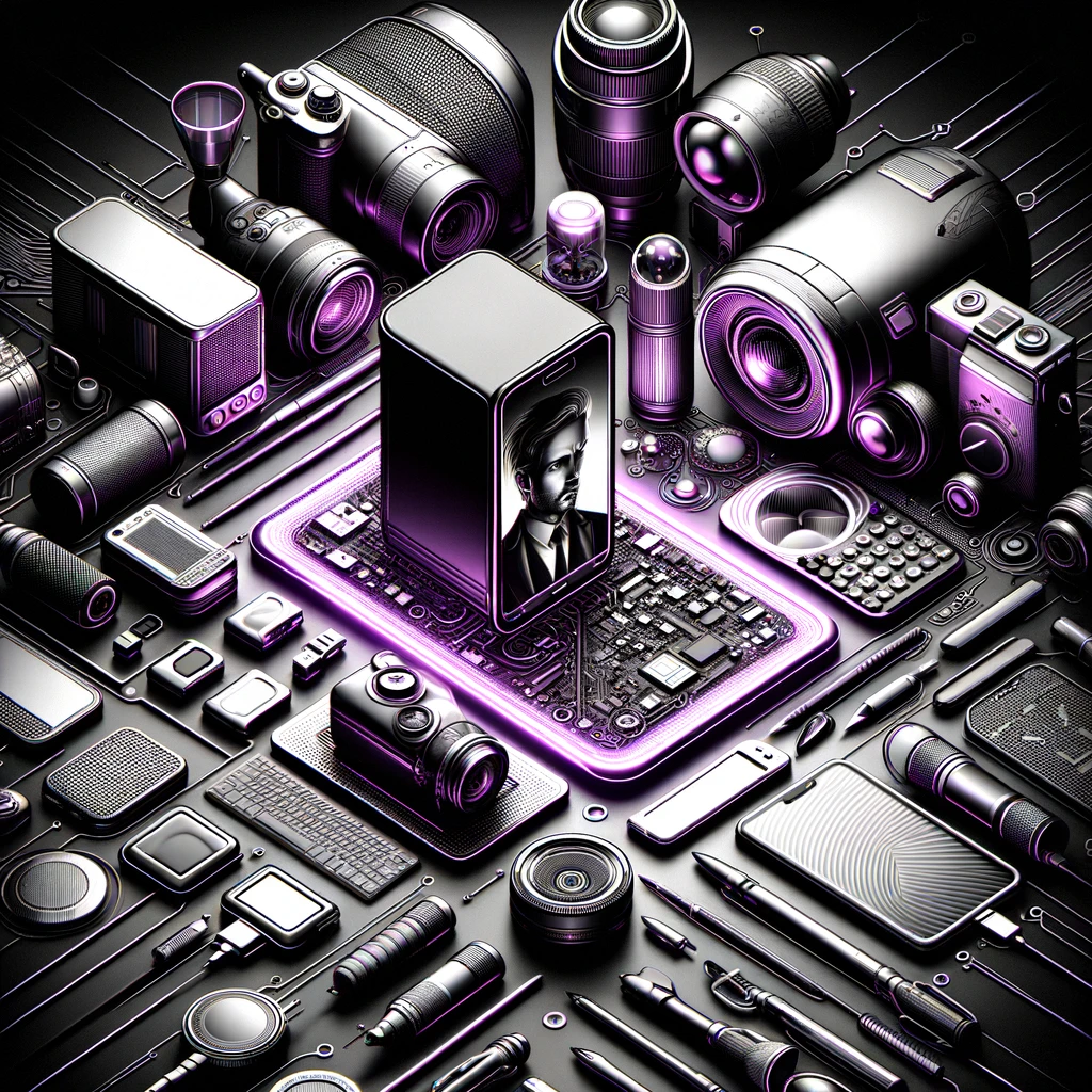 Imagen realista destacando tecnología con acentos en lila neón sobre fondo blanco y negro, representando análisis de dispositivos.
