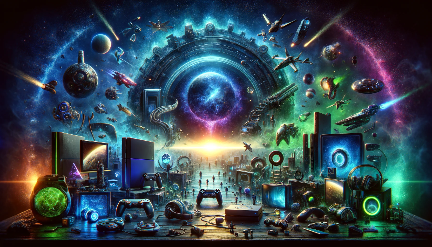 Banner dinámico con tecnología de videojuegos avanzada y símbolos icónicos en neon sobre fondo oscuro, evocando un universo de gaming inmersivo.